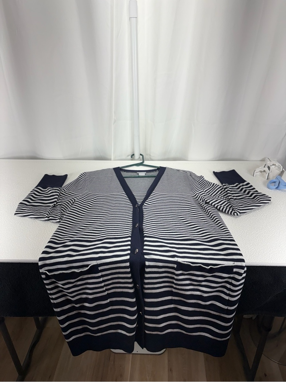 Chico's Navy and White Striped Long Cardigan 4652 - Picture 4 of 10